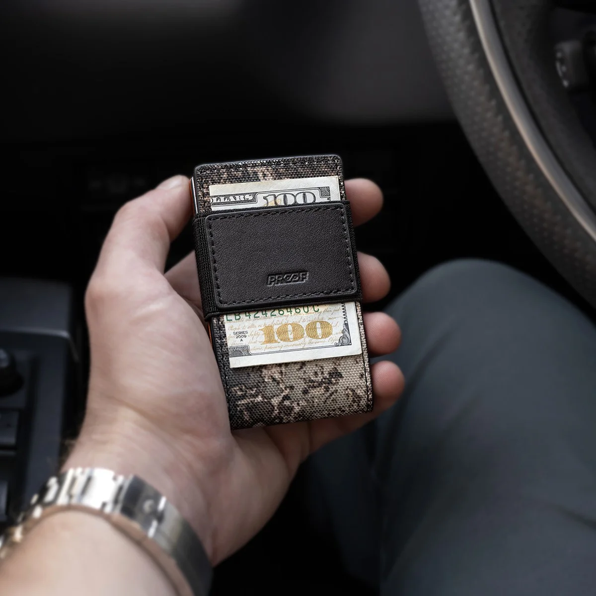 PROOF Wallet | The Survivor | Camo Ballistic Nylon & Black Full Grain Leather with Dark Gunmetal - Image 3